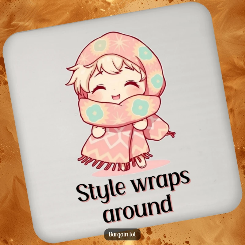 Funny drink coaster depicting a character with a radiant smile, admiring an enormous, uniquely patterned scarf, adding whimsical protection.