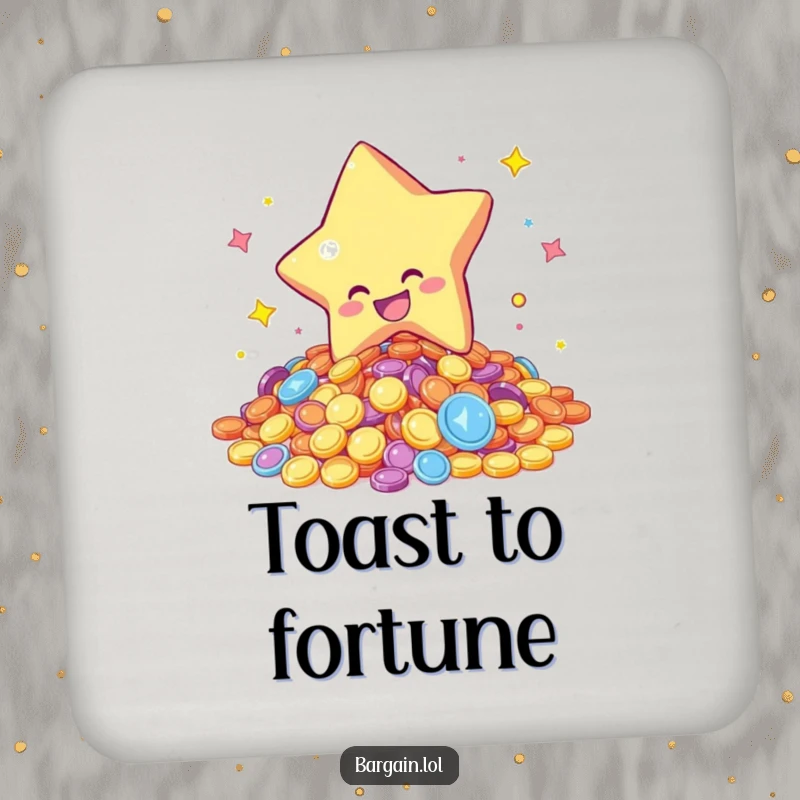 Funny drink coaster showcasing a star character gleefully diving into a pile of shimmering coins, adding a touch of luck and humor to tables.
