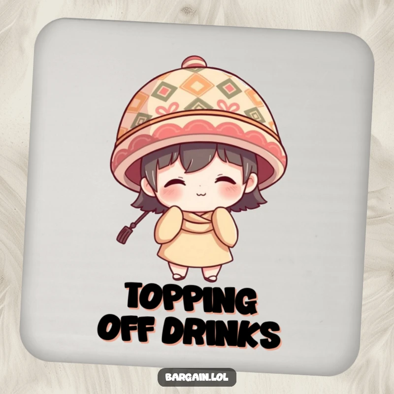 Funny Coaster: Character with shy smile wearing a large patterned hat, for tabletop whimsy.