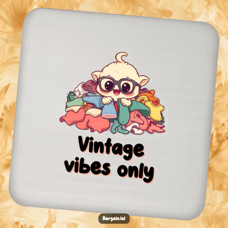Funny drink coaster with a whimsical creature wearing oversized spectacles, digging through a pile of pre-loved garments.