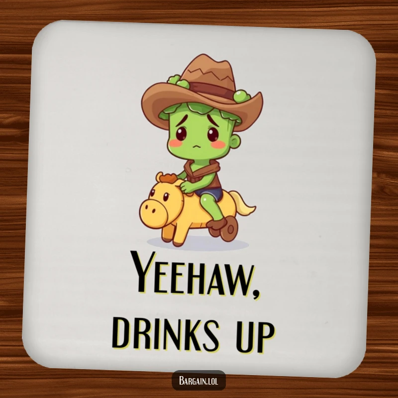 Funny coaster with a confused broccoli sprout in a cowboy hat riding a squeaky toy, adding humor to drinks.