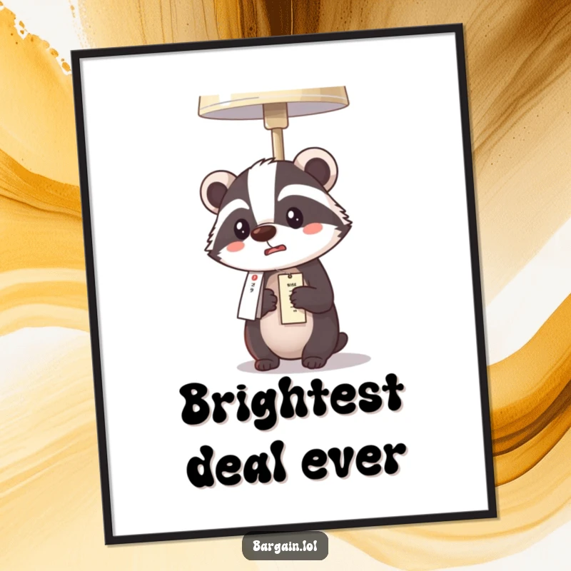Funny Kawaii badger poster depicting a badger comically shocked by an affordable lamp price, adding humor to walls.
