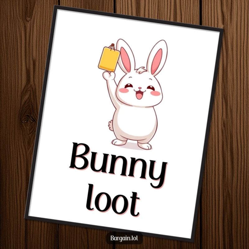 Funny poster of a chubby bunny triumphantly holding a single, brightly colored bargain item in the air.