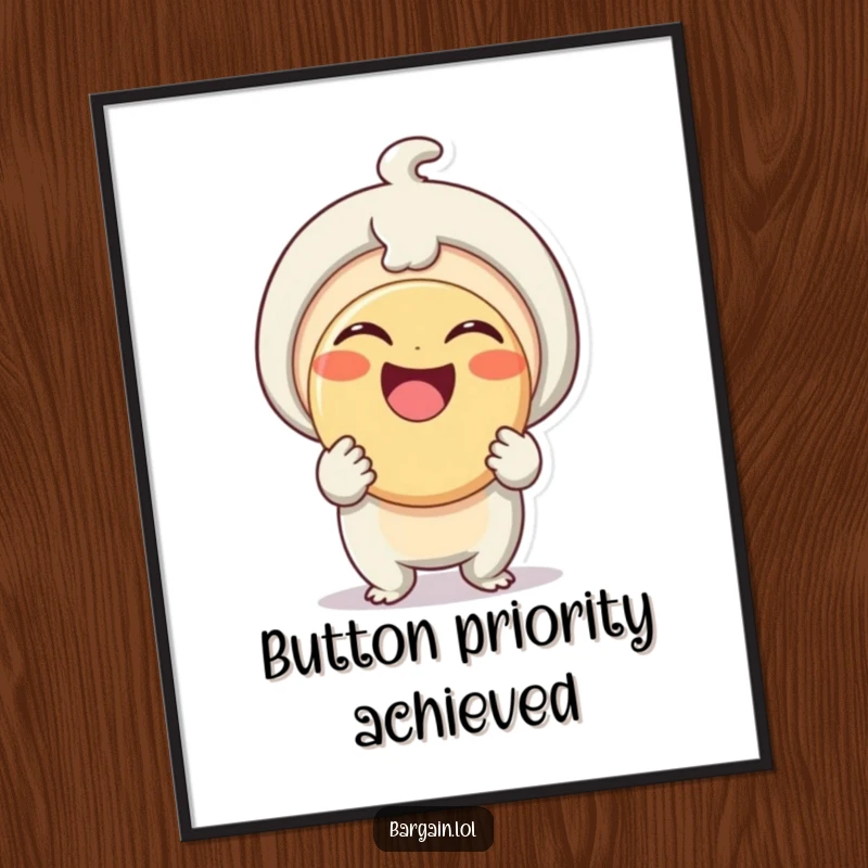 Funny Poster: A small, happy creature holds a comically large button with a proud, beaming smile, radiating pure delight.