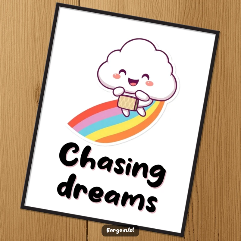 Funny poster of a smiling cloud character joyfully floating down a rainbow trail, carrying a small patterned bag.
