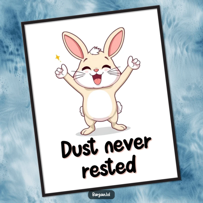 Funny poster art of an exaggeratedly happy dust bunny doing a triumphant victory dance, bringing vibrant energy and humorous celebration to walls.