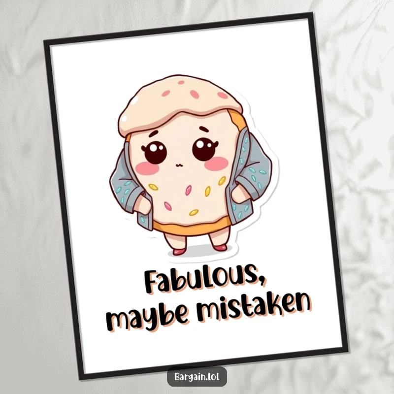 Funny poster depicting a bewildered donut character trying to wear a ridiculously oversized sequined jacket, capturing a moment of fashion-induced panic.