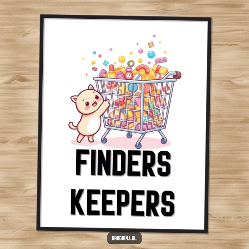 Funny Bargain Hunter Poster depicting a tiny creature joyfully pointing at a comically oversized, sparkling bargain bin filled with tiny treasures.