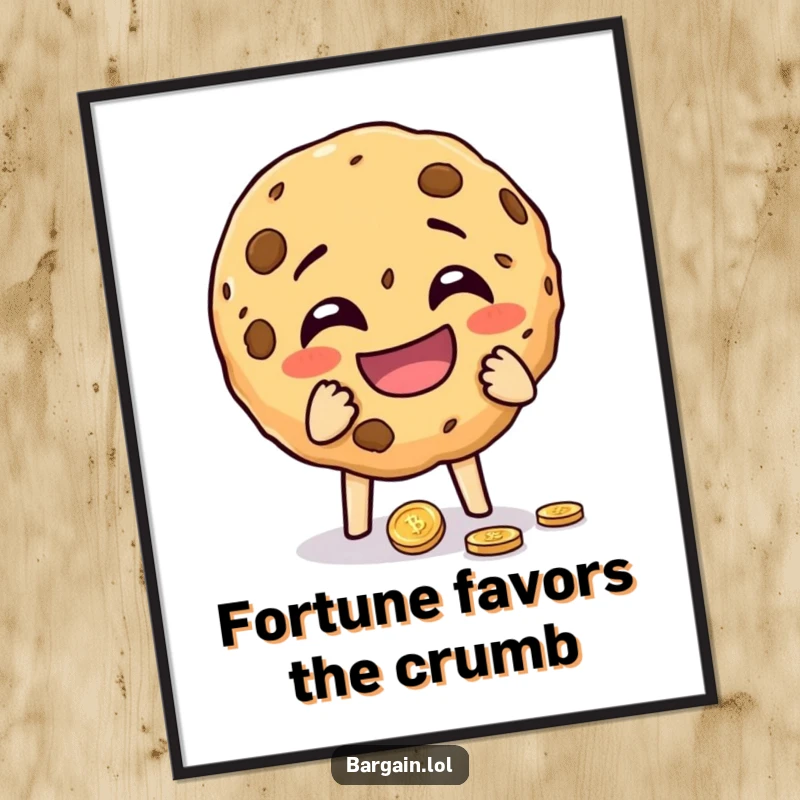 Funny cheeky cookie crumbling with laughter while holding a dropped coin, as a vibrant poster. A humorous and whimsical wall decoration.