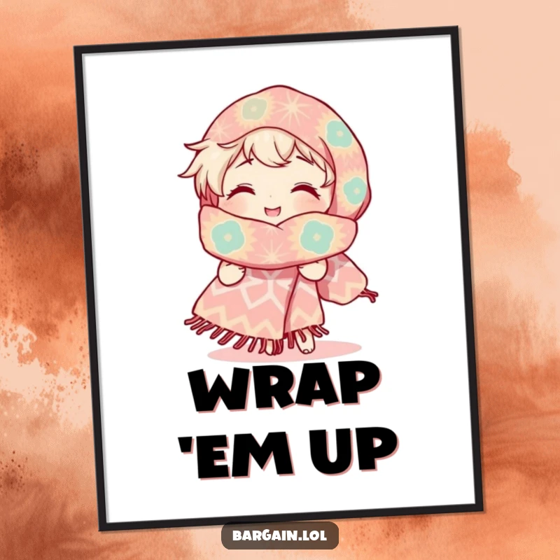 Funny poster art of a character with a radiant smile, looking adoringly at an enormous, uniquely patterned scarf, a celebration of cheerful grandiosity.