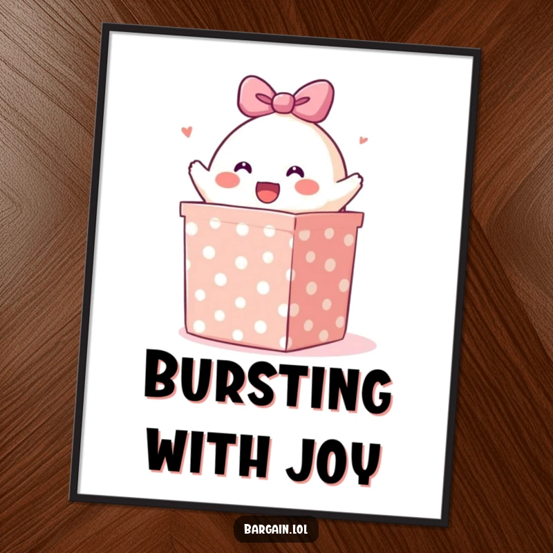 Funny poster: A smiling blob character dramatically emerging from a giant, polka-dotted gift box, embodying humorous excitement.