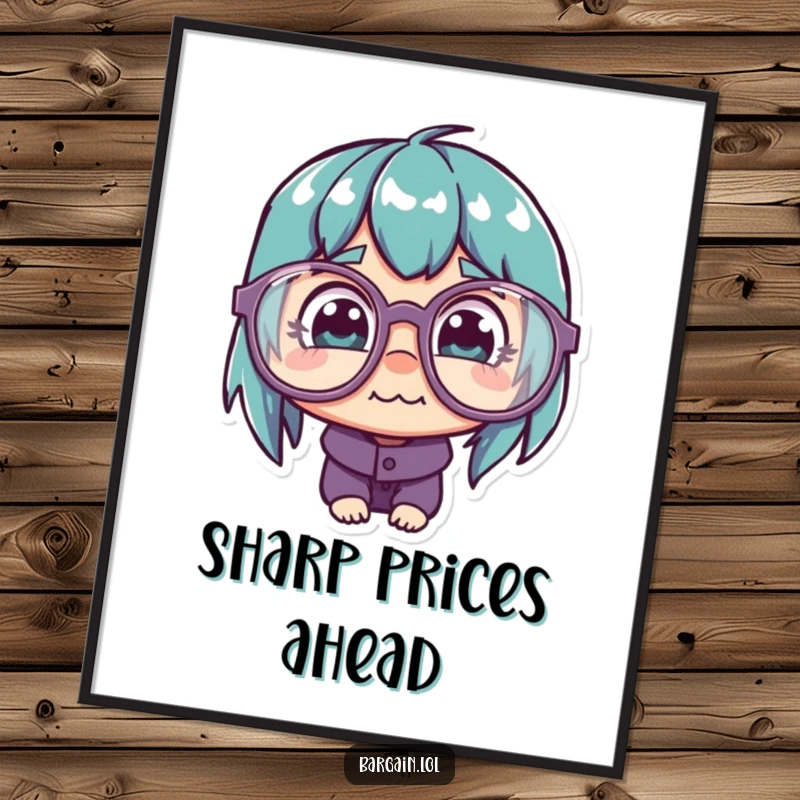Funny Poster: Character with oversized glasses, observing a cheap price tag, conveying shopping excitement.
