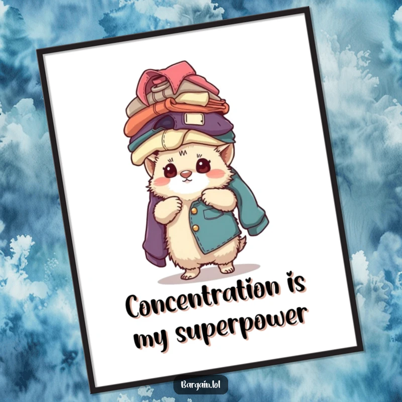 Funny, fuzzy creature concentrating hard while balancing an impossibly tall stack of vintage clothing, presented as wall art.