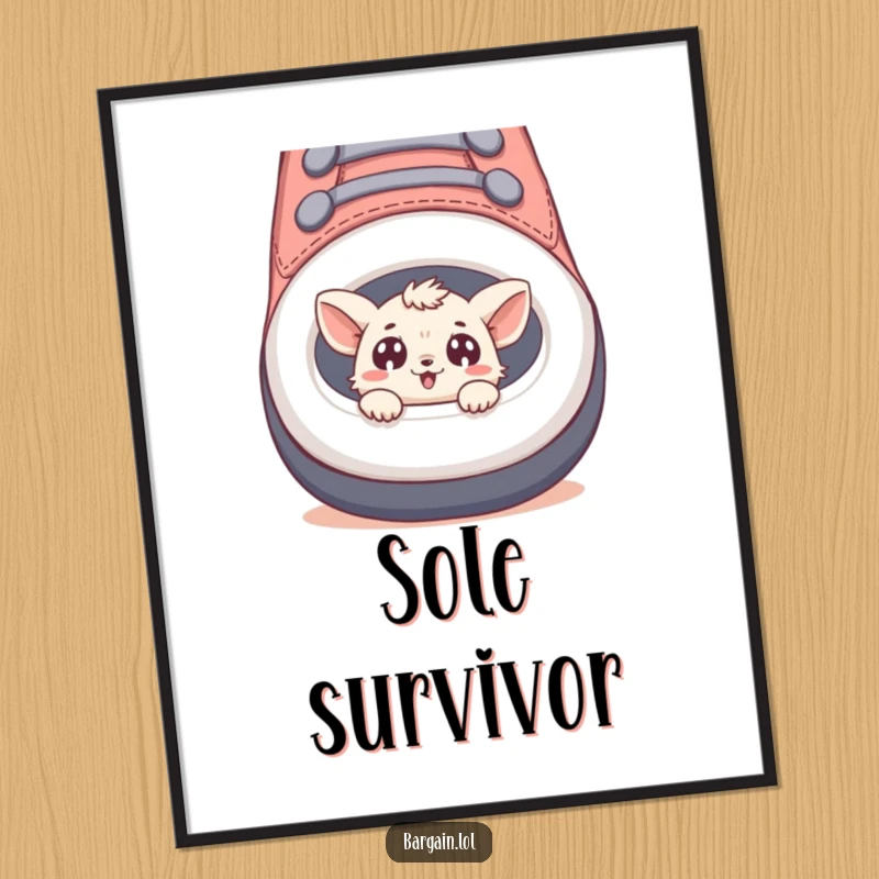 Funny poster art of a tiny creature peeking out from a giant shoe, with wide, excited eyes.