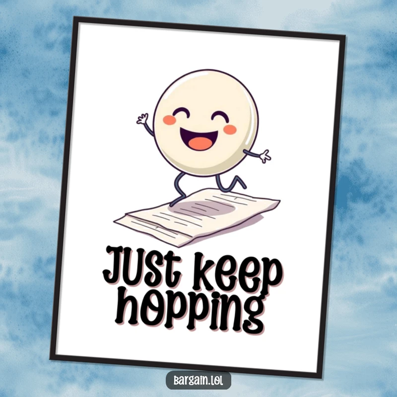 Funny poster art of a smiling button character with legs hopping excitedly over a discarded crumpled receipt, conveying a sense of playful achievement.