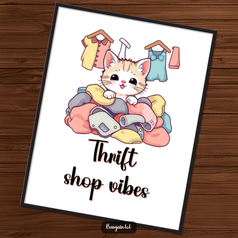 Funny kawaii kitten joyfully emerging from a colorful mountain of thrift store clothes, bringing cheerful vibes to any wall.