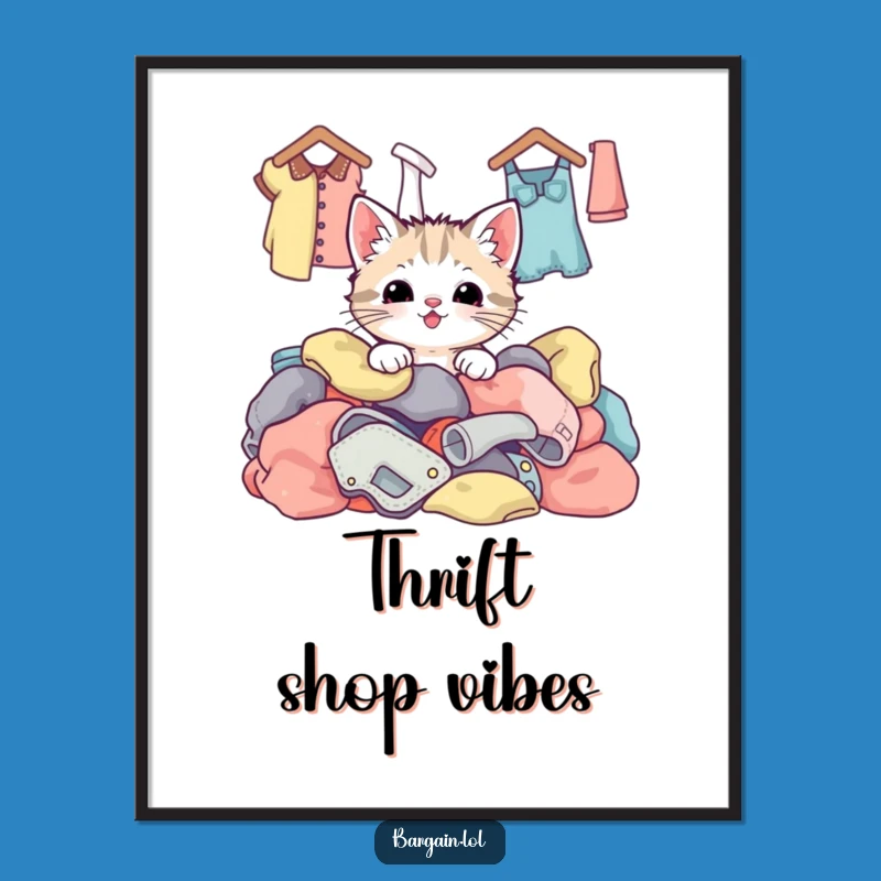 Funny Kawaii Kitten Thrift Poster: Happy Cat Wall Art Gift