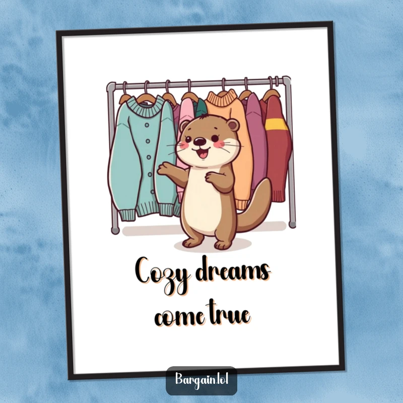 Funny Kawaii otter poster showing a happy otter dancing near sweaters, perfect for adding cheerful decor.