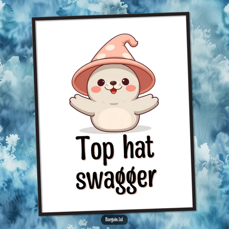 Funny Kawaii seal poster showcasing a seal's triumphant moment with an enormous, silly novelty hat, adding humor to decor.