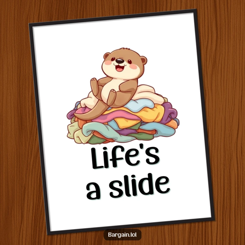 Funny poster of a cute otter character gleefully sliding down a pile of colorful garments, bringing playful energy.
