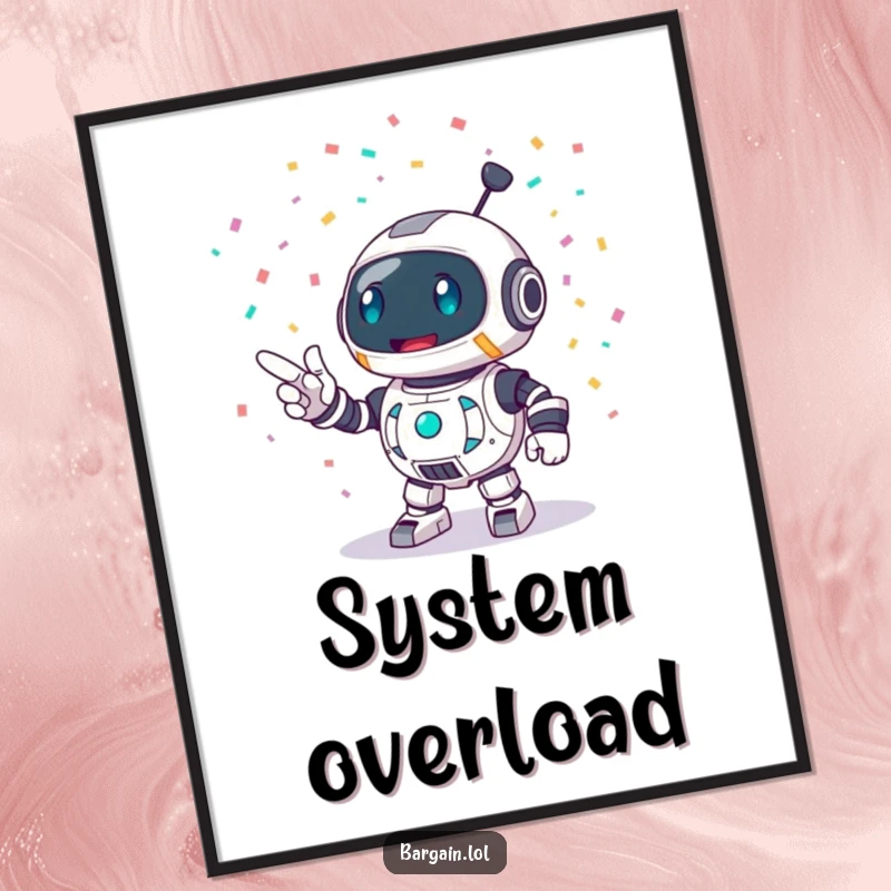 Funny poster showing a round robot character enthusiastically pointing at a vibrant burst of confetti, ideal for adding a festive mood.