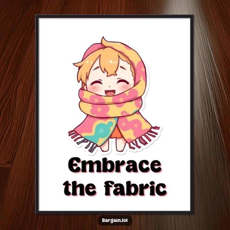 Funny Poster: A small character is joyfully engulfed by an extremely large, colorful scarf, symbolizing cozy, humorous excess.