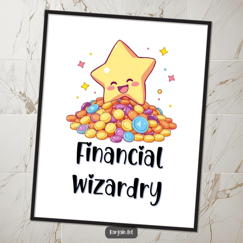 Funny poster art of a star character gleefully diving into a pile of colorful, shimmering coins, evoking feelings of joy and prosperity.