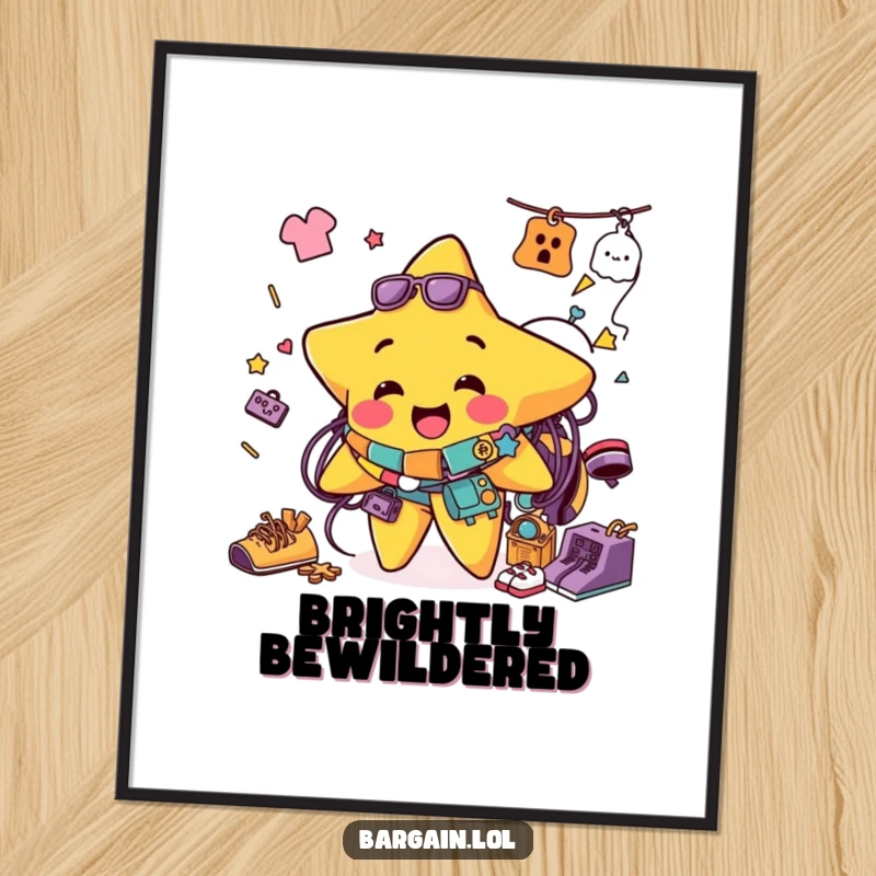 Funny poster of a jolly star character comically tangled in a vibrant, colorful assortment of thrift store clothing and accessories.