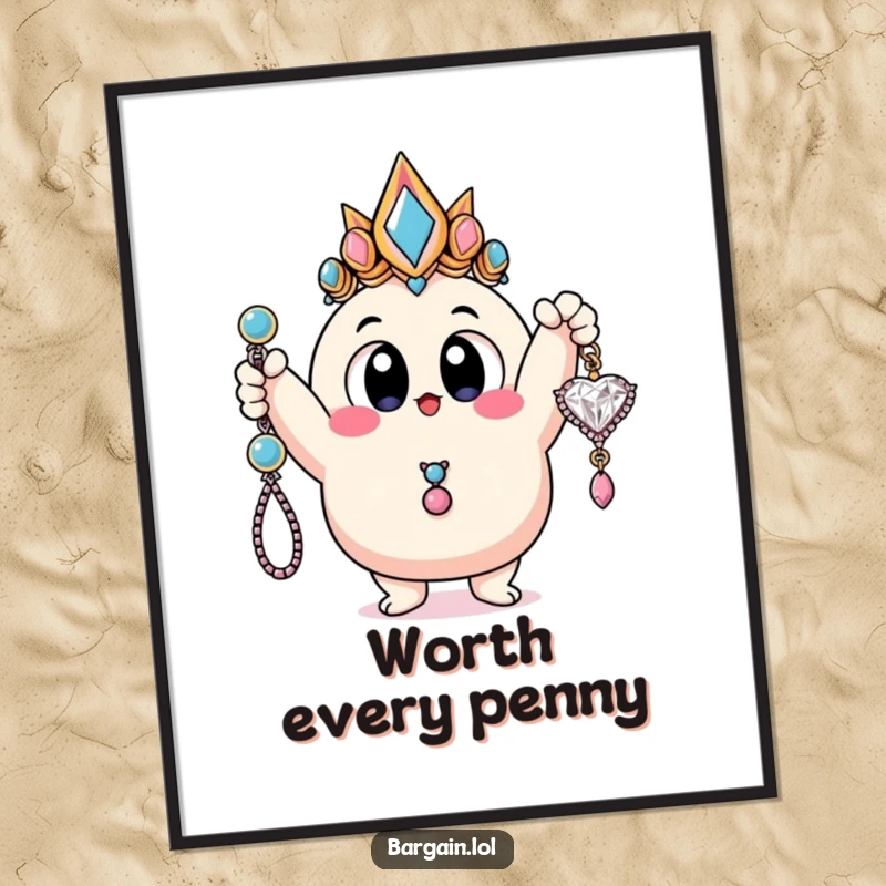 Funny poster depicting a round, blobby character with enormous eyes triumphantly holding a cheap, glittery piece of costume jewelry.