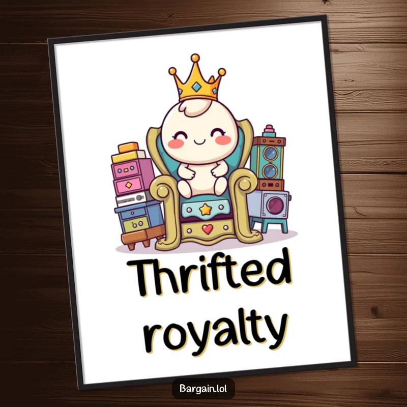 Funny poster depicting a cheerful, round character wearing a small crown, enthroned upon a majestic seat of thrift store discoveries.
