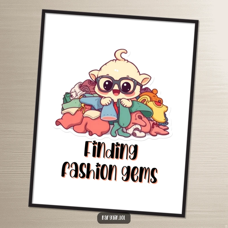 Funny poster depicting a whimsical creature wearing large spectacles, enthusiastically rummaging through a mountain of pre-loved clothing items.