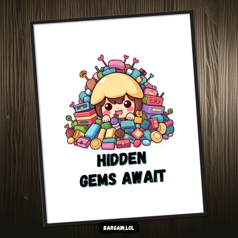 Funny Poster: Character hiding behind colorful second-hand treasures, peeking out with curiosity.