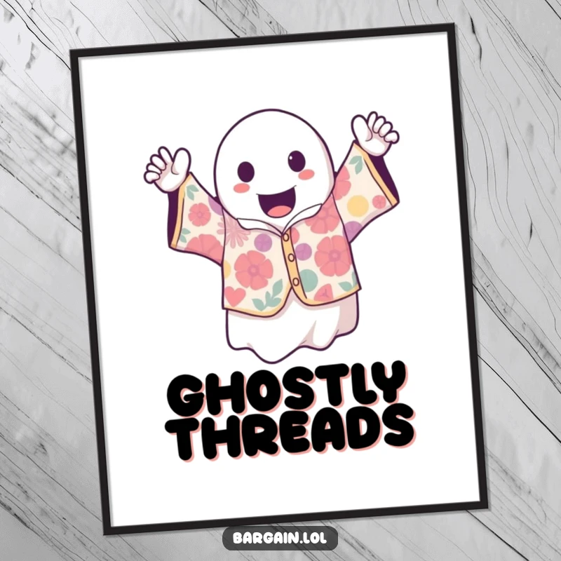 Funny kawaii ghost character proudly displaying a flamboyant vintage shirt, bringing spooky charm and retro vibes to wall decor.
