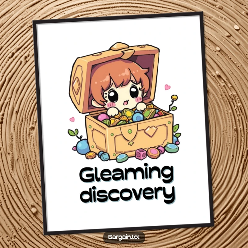 Funny poster art shows a character's shocked face upon finding a treasure chest overflowing with sparkling trinkets. Exciting decor.