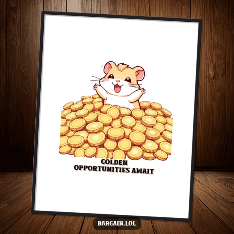 Funny tiny hamster gleefully diving into a mountain of oversized, glittering coins, a humorous art piece for posters.