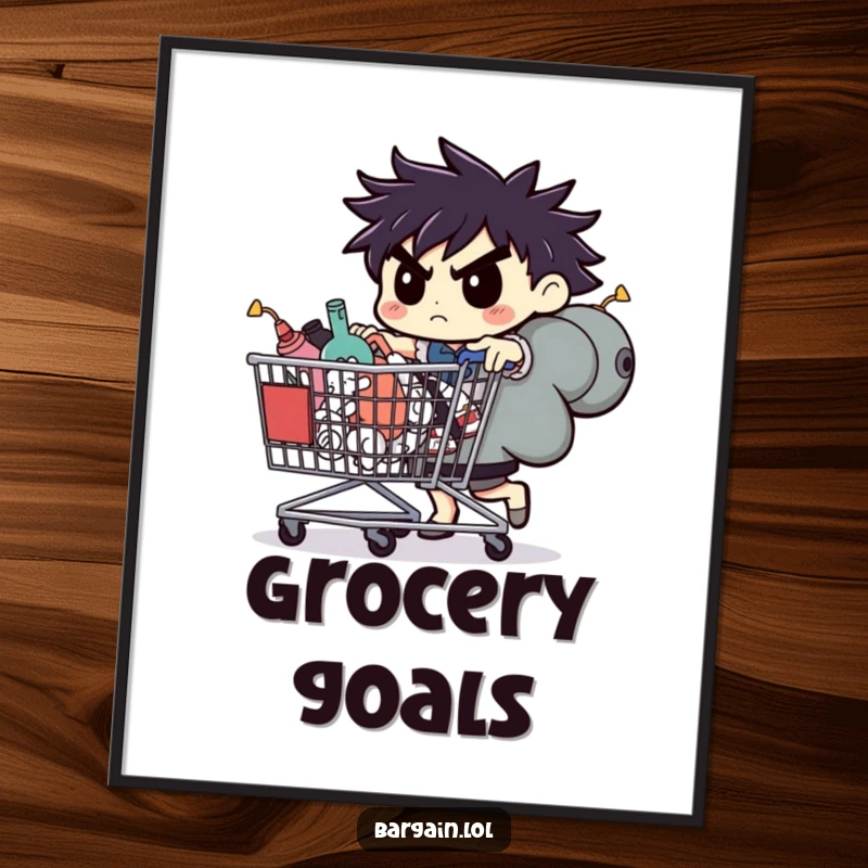 Funny poster, determined character pushing a large cart filled with oddities, whimsical collector's art.