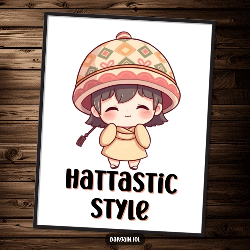 Funny Poster: Character with shy smile, wearing a large patterned hat, conveying gentle whimsy.