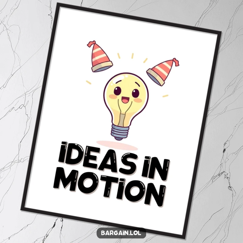 Funny surprised lightbulb poster, juggling three tiny wobbly hats, whimsical wall decor, unique funny gift.