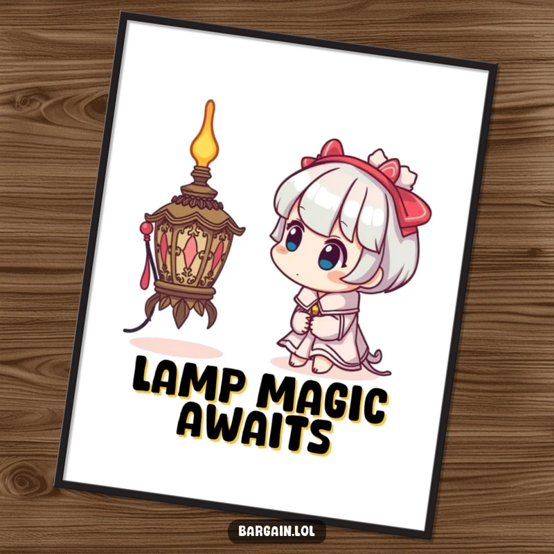 Funny poster art of a character with a curious head tilt, examining a bizarre, ornate lamp, a celebration of whimsical mystery.