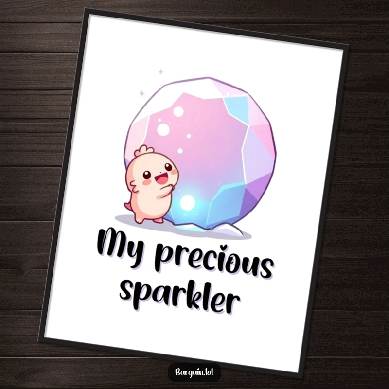 Funny poster: A miniature round creature radiating happiness upon discovering a colossal, sparkling gem, a humorous art piece.