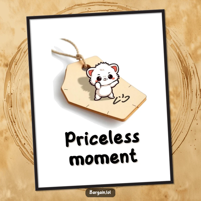 Funny poster art of a small fuzzy being striking a theatrical pose on a discarded price tag.