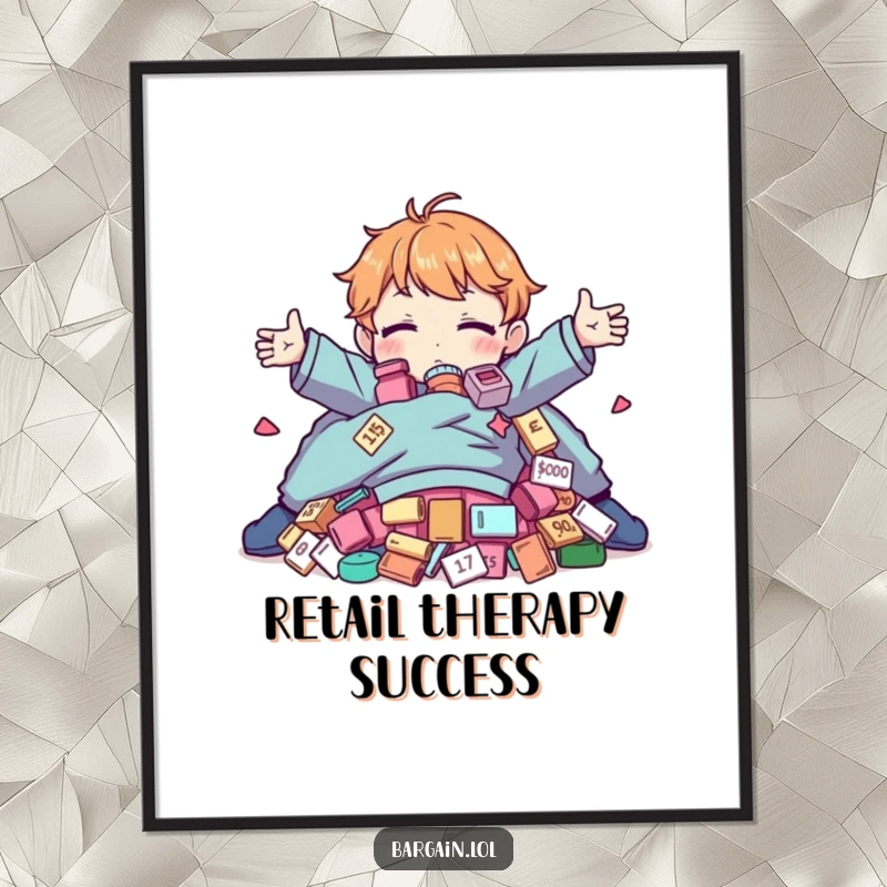 Funny Poster: Character with open arms, embracing a mountain of absurd, discounted clothing, conveying shopping ecstasy.