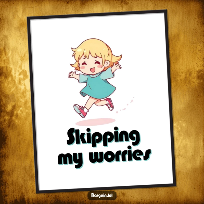 Funny poster art of a character joyfully skipping, leaving a glittering path and wearing comically tight shoes, radiating fun.