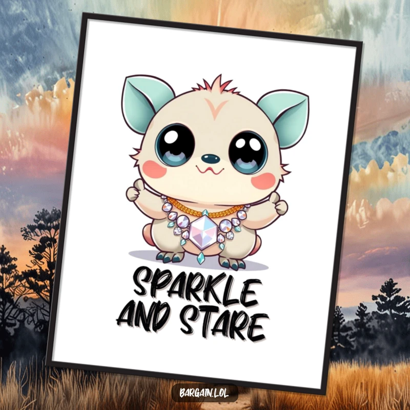 Funny poster art of a creature with enormous googly eyes triumphantly holding a sparkly, cheap necklace.