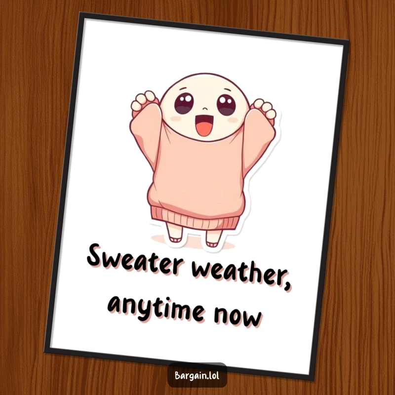 Funny small, round character with big eyes holding a giant, tattered sweater, depicted as humorous wall art.