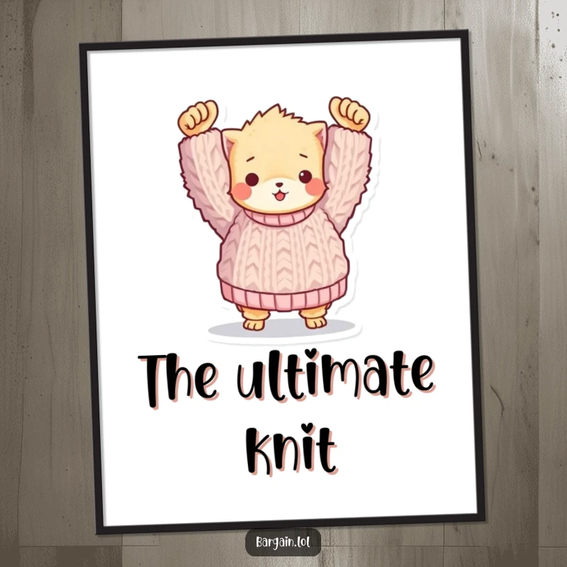 Funny poster: A small, fuzzy being proudly presenting a massive, knitted sweater, perfect for humorous wall decor.