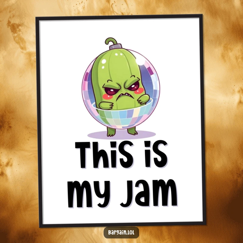 Funny poster art of a grumpy pickle hilariously trapped inside a tiny, sparkling disco ball, a chaotic party scene.