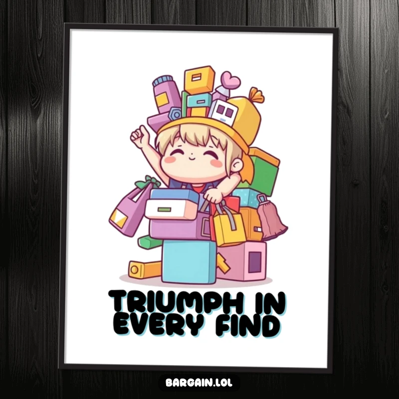Funny cute character triumphantly balancing a stack of colorful bargain items, depicted as humorous wall art.