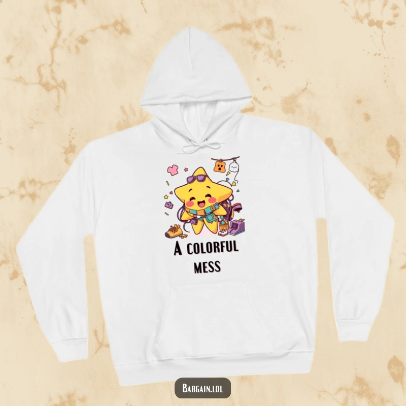 Funny hoodie depicting a jolly star character comically ensnared in a pile of colorful thrift store clothing and accessories.