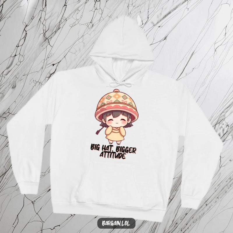 Funny Hoodie: Character with a shy smile, wearing an oversized patterned hat, for cozy whimsy.
